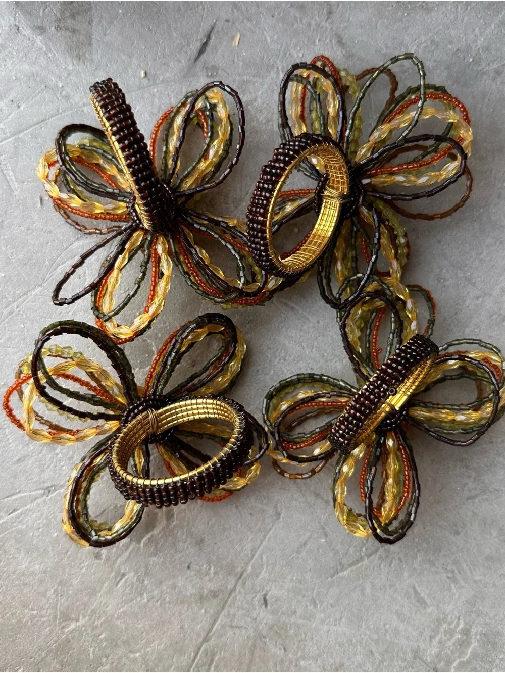 Set of 4 Pier 1 Beaded Flower Napkin Rings - Amber & Gold Tones